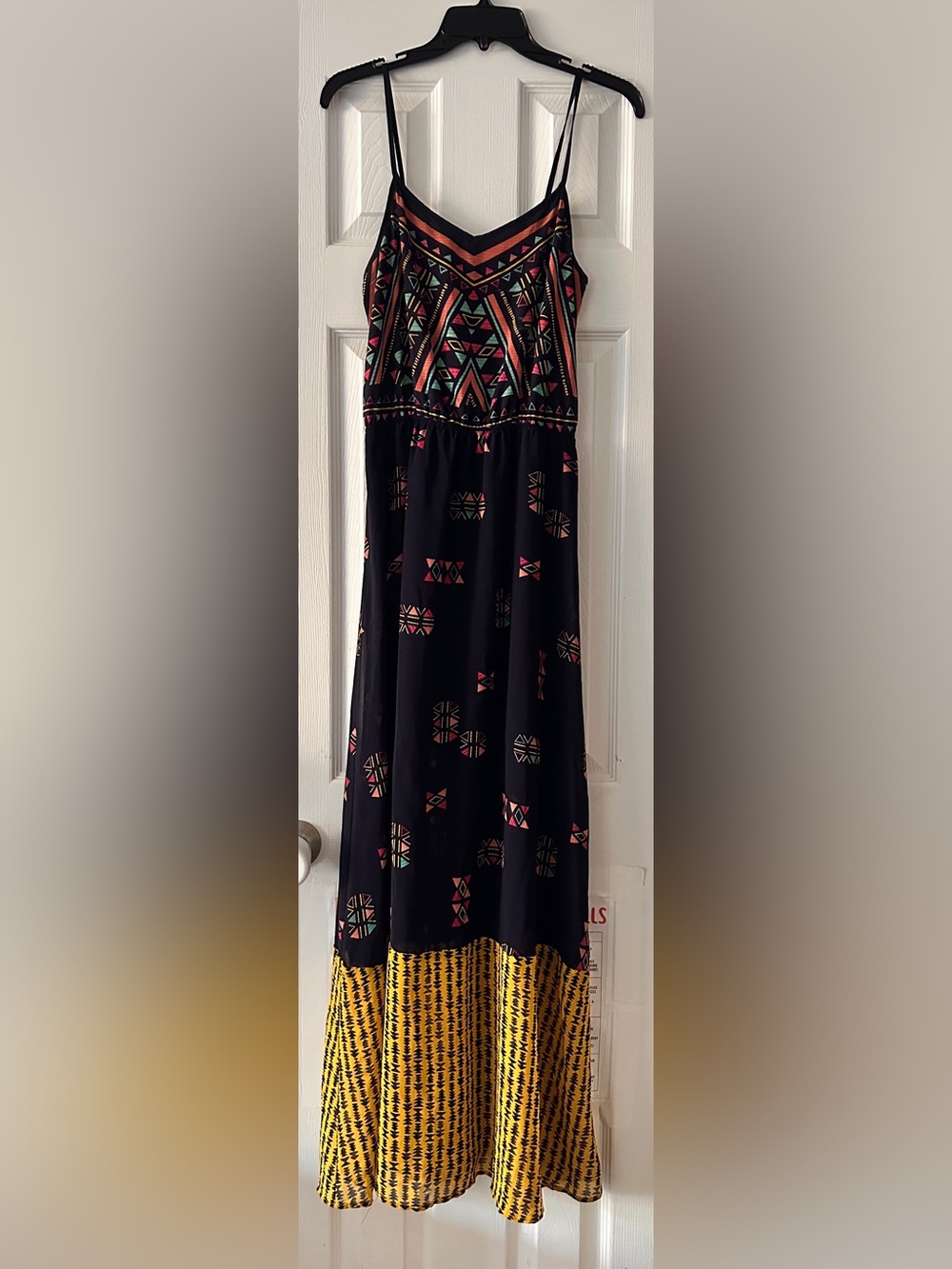 Xhilaration Black Maxi Dress with Multicolor Aztec Print and Yellow Hem
